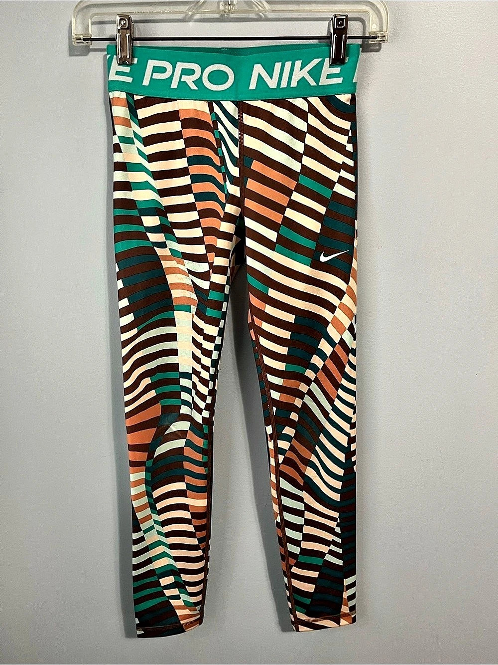 Nike Pro DRI-FIT Brown & Teal Geometric Print Mid-Rise Cropped Leggings Size M